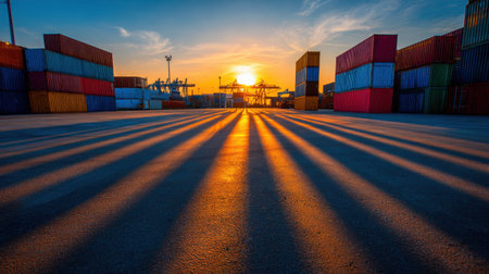 A stunning sunset casts vibrant colors over a shipping port filled with cargo containers, creating long shadows on the ground, evoking an industrial yet serene atmosphere.の素材