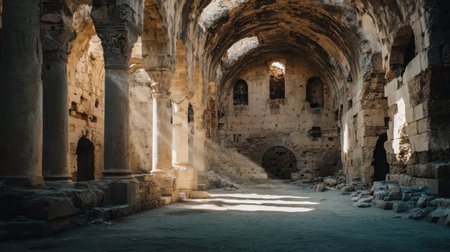 Explore the evocative beauty of ancient ruins, where light spills through arched windows onto worn stone floors, creating a serene atmosphere perfect for reflection.の素材