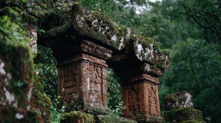An evocative scene capturing ancient stone columns adorned with intricate carvings, enveloped by a verdant landscape, conveying tranquility and history.の素材