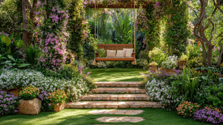 This enchanting garden scene showcases a charming wooden swing surrounded by lush greenery and vibrant flowers, perfect for relaxation and tranquility.の素材