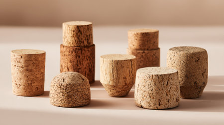 A collection of natural cork stoppers featuring various shapes and sizes, arranged artistically on a soft beige background, perfect for craft or packaging projects.の素材