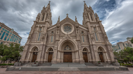 This image captures the breathtaking exterior of a historic church featuring twin towers and intricate stonework under a dramatic cloudy sky.の素材