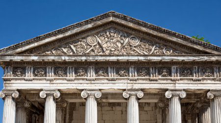 Captivating image of an ancient Greek temple showcasing intricate sculptures and classic columns, set against a clear blue sky, highlighting historical beauty.の素材