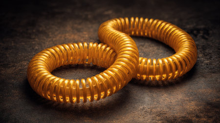 This stunning image showcases two elegant gold coils on a dark textured background, emphasizing luxury and modern design. Perfect for fashion and accessory themes.の素材