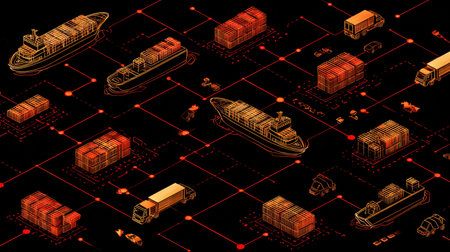 This illustration showcases a dynamic arrangement of cargo ships and trucks navigating through a network grid, emphasizing modern logistics and transportation.の素材