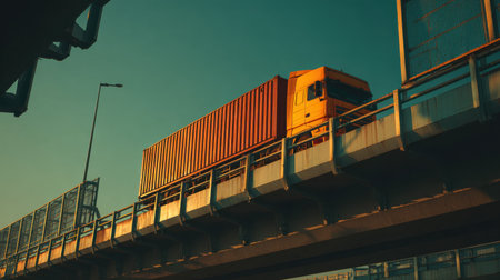 A bright yellow truck carries a red container across a modern elevated highway, showcasing urban transportation against a stunning sunset backdrop.の素材