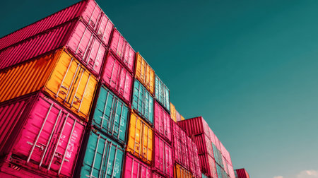 An eye-catching display of vibrant shipping containers stacked against a clear blue sky, showcasing industrial design and colorful architecture in contemporary settings.の素材