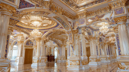Explore the grandeur of a lavish palace hall featuring intricate architectural details, opulent golden accents, and stunning chandeliers illuminating the space.の素材