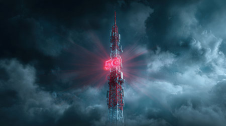 A striking telecommunication tower displays a vibrant neon 5G sign against a dramatic, stormy sky. This image captures the essence of modern technology and connectivity.の素材