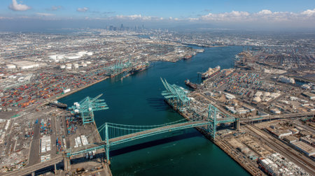 This stunning aerial image captures a bustling port scene, showcasing container ships and cranes near a vibrant city skyline under a clear blue sky.の素材