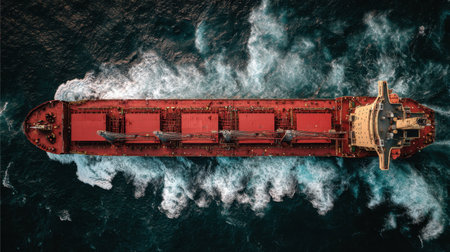 This stunning aerial image captures a cargo ship navigating through turbulent ocean waters, showcasing the power and scale of maritime transport.の素材