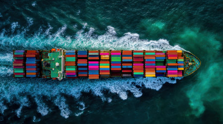 Stunning aerial view featuring a vibrant cargo ship navigating through turquoise waters, showcasing a multitude of colorful shipping containers, illustrating global trade and logistics at sea.の素材