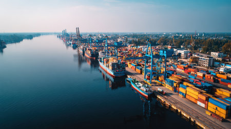 High above the vibrant shipping port, this aerial image showcases the busy activity of cargo handling along a serene waterway under a clear sky.の素材