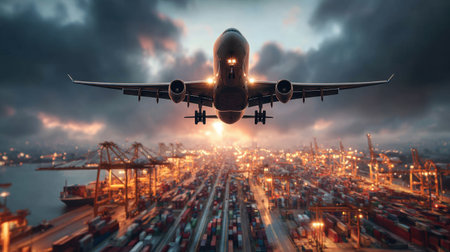 A dramatic scene featuring an airplane flying over a bustling port city at sunset, showcasing a vibrant sky filled with clouds and industrial activity below.の素材