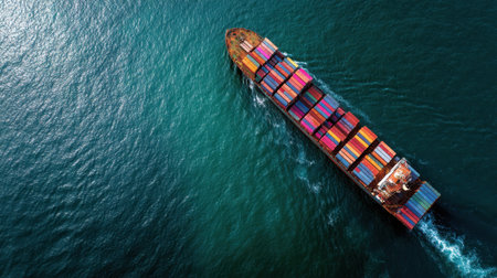 A stunning aerial view of a vibrant cargo ship filled with containers, peacefully sailing through calm ocean waters, reflecting warm sunset hues.の素材