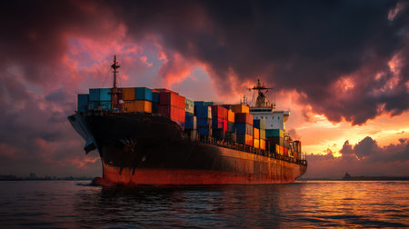 A vibrant cargo ship sails on tranquil waters during sunset, showcasing a spectrum of colorful containers against a stunning sky backdrop.の素材