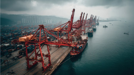 This aerial image captures a busy harbor scene with prominent cranes and numerous shipping containers, set against a dramatic cloudy sky, showcasing maritime industry.の素材