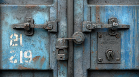 Close-up of a rusty lock and hinges on a weathered blue metal container door, showcasing unique textures, aged details, and urban aesthetics.の素材