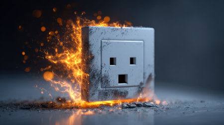 A striking image of a plug socket bursting with flames and sparks, symbolizing electrical dangers. The dark background enhances the dramatic visual impact.の素材