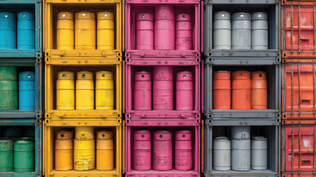 This image showcases a vibrant arrangement of industrial storage containers in various colors, offering a lively backdrop for creative projects or business themes.の素材