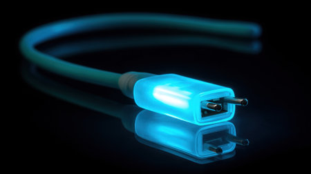 A captivating image of a glowing electric plug and cable, reflecting innovative design and modern technology. The illumination creates a striking visual contrast against a dark background.の素材
