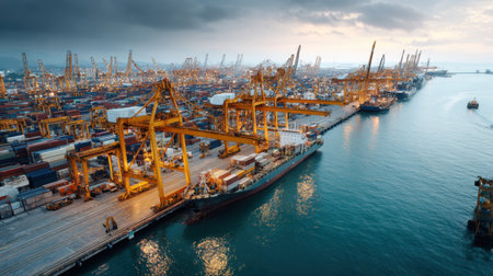 An aerial view of a bustling container port at twilight, showcasing towering cranes, cargo ships, and vibrant city lights reflecting on the water.の素材