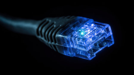 This close-up image features a glowing Ethernet cable connector, illustrating the technology behind digital communication. Perfect for tech-oriented themes.の素材