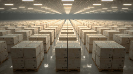 A vast warehouse filled with neatly stacked wooden crates extends into the distance, creating a visually striking symmetry with bright overhead lights illuminating the space.の素材