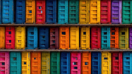 A vivid display of stacked colorful wooden doors creates an eye-catching pattern rich in shades. This image highlights the beauty of unique design elements and urban aesthetics.の素材