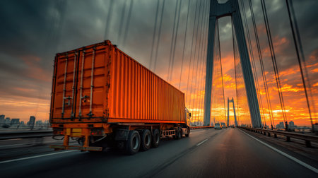 A vibrant orange freight truck navigates across a modern bridge during a stunning sunset, casting a golden hue against a dramatic sky and city skyline.の素材