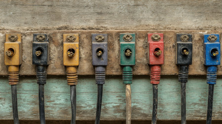 A close-up view of colorful electric plugs and connectors mounted on a wooden surface, highlighting the worn and dusty appearance that tells a story of use and age.の素材