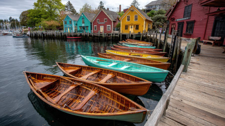 A beautiful scene showcasing colorful wooden boats moored at a picturesque quay, surrounded by vibrant houses and serene water, perfect for relaxation and exploration.の素材