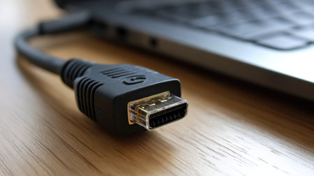 A close-up view of a black DisplayPort cable connected to a laptop, resting on a smooth wooden surface. This image showcases modern technology and its interface.の素材