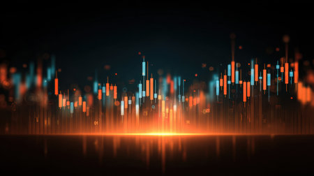 This abstract digital artwork represents stock market data trends with vibrant colors. It captures the essence of financial analysis and investment growth.の素材