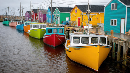 A row of vibrant fishing boats in various colors rests at a scenic waterfront, surrounded by charming cottages in a coastal village setting.の素材