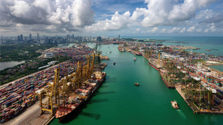 This aerial shot captures a busy container port filled with colorful shipping containers, vessels, and a vibrant city skyline under a dramatic sky.の素材