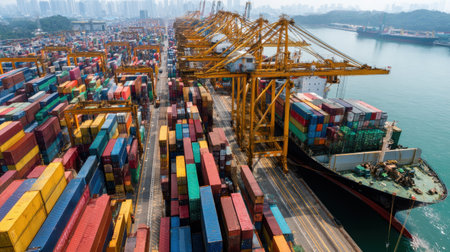 Aerial view showcasing a bustling port filled with colorful cargo containers, large cranes, and ships, emphasizing the complexity of global trade.の素材