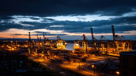 A serene evening view of an industrial port, showcasing cranes and shipping containers illuminated by warm lights against a beautiful twilight sky.の素材