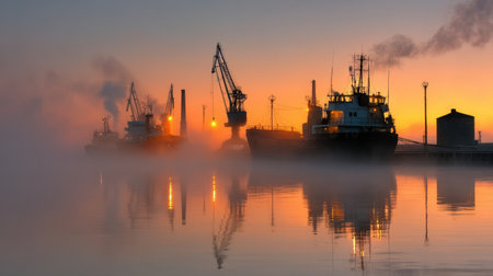 This captivating image showcases an industrial harbor at sunrise, with silhouetted tugboats and cranes emerging from a layer of mist over still water.の素材