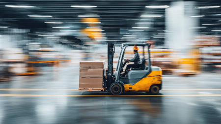 A dynamic scene captures a forklift rapidly transporting pallets inside a busy warehouse, highlighting logistics and distribution operations in motion.の素材