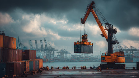 This image captures a heavy crane lifting shipping containers in an industrial port, set against a dramatic cloudy sky. The bustling activity highlights the importance of logistics and transportation in modern trade.の素材