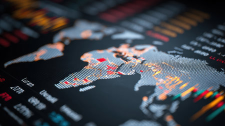 A detailed digital visualization of a world map showcasing global financial markets with accompanying economic data and statistics for informed business decisions.の素材