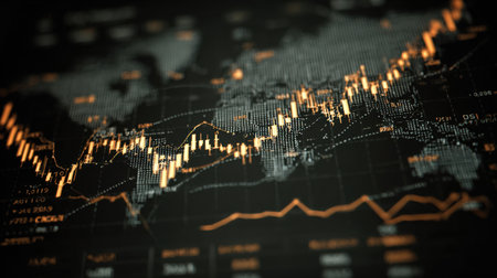 An intricate visualization of global financial trends, showcasing a stock market graph overlaid on a world map. This image illustrates investment dynamics and economic data representation.の素材