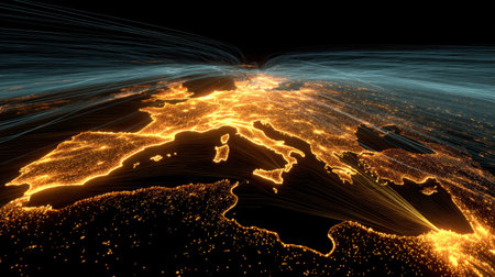 Stunning aerial view of Europe at night showcasing illuminated city lights and vibrant light trails, highlighting connectivity and urban beauty from space.の素材