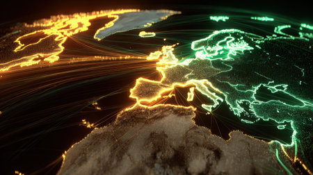 This image showcases a visually stunning representation of global connections, emphasizing colorful data streams that symbolize network interactions across continents and countries.の素材