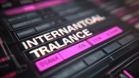 This image showcases a modern digital design concept focused on international translation. It features vibrant neon typography against a dark background, symbolizing global communication.の素材