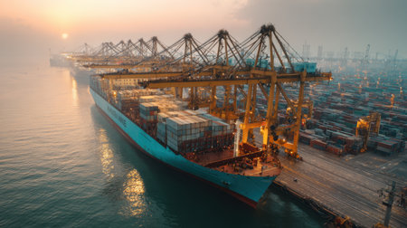 A stunning aerial view of a shipping container terminal at sunset, showcasing cranes and cargo vessels in an active port. The image captures the essence of global trade and maritime operations.の素材