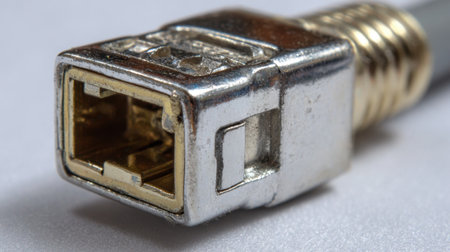 This image features a close-up view of a silver connector with a gold pin, highlighting the intricate details of electronic components for various applications.の素材