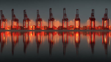 A stunning industrial landscape showcasing cargo cranes against a vibrant sunset. The reflection on the calm water creates a serene atmosphere, emphasizing the strength of industry.の素材