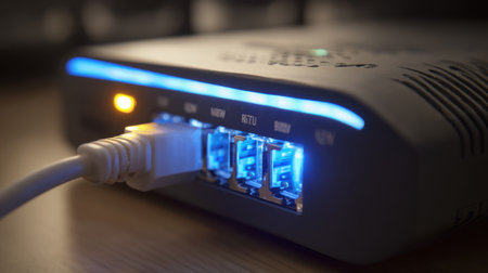 A detailed view of a modern network router showcasing vibrant LED indicators and an Ethernet cable, symbolizing efficient internet connectivity and technology advancement.の素材